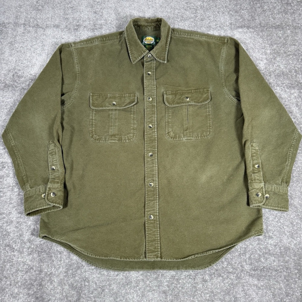 Cabelas Shirt Men's Large Green Chamois Flannel Long Sleeve Button Up Thick